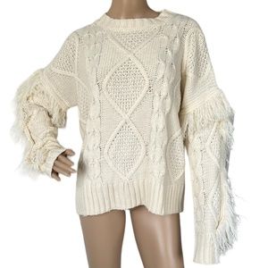 MERCI Women's Cream Cable Knit Long Sleeve Fringe Sweater ~ Ladies Size Small
